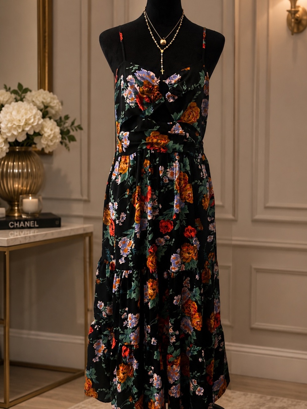 Aqua Black Floral Maxi Dress with Orange & Lavender Blooms